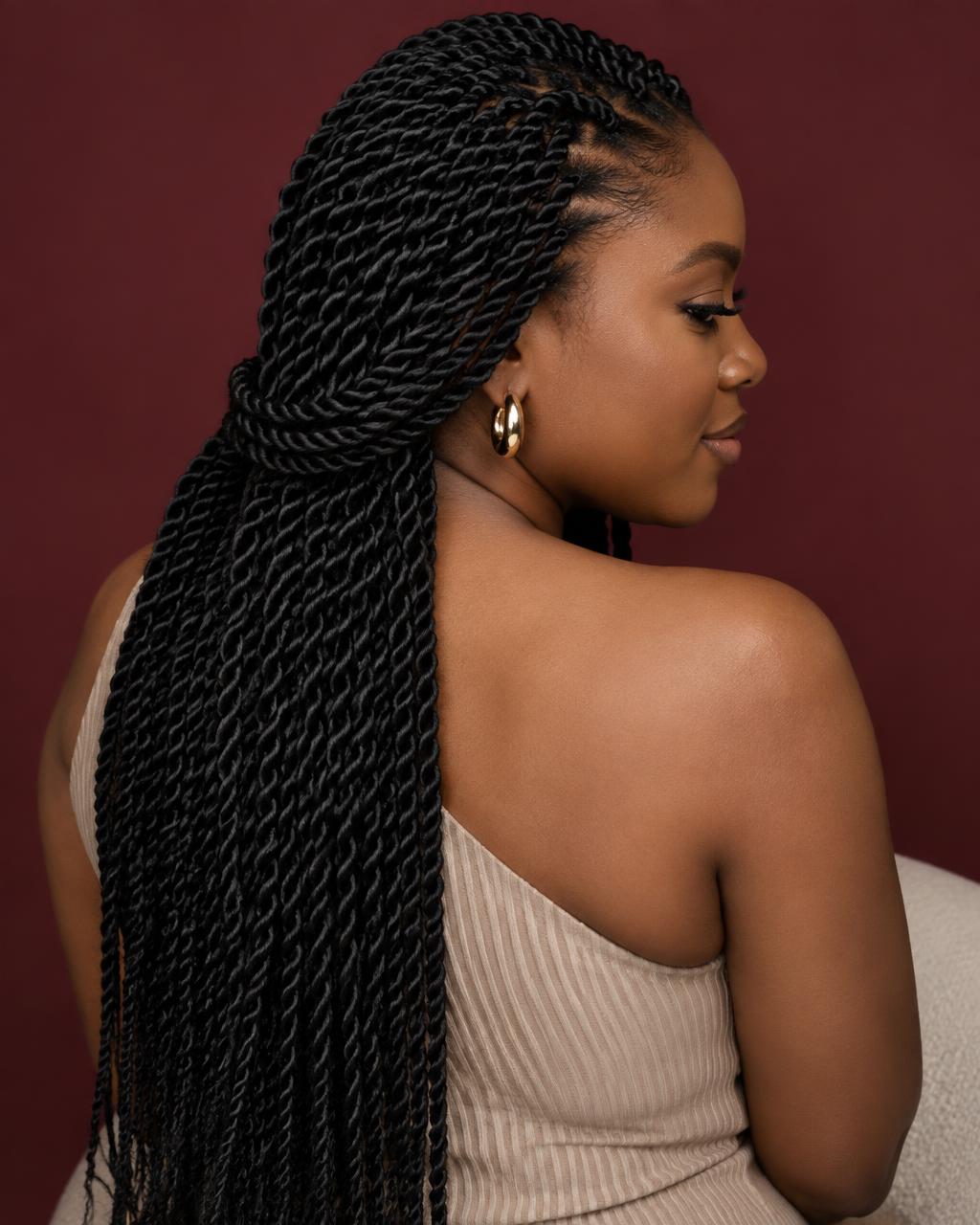 Woman wearing long polished Senegalese rope twists
