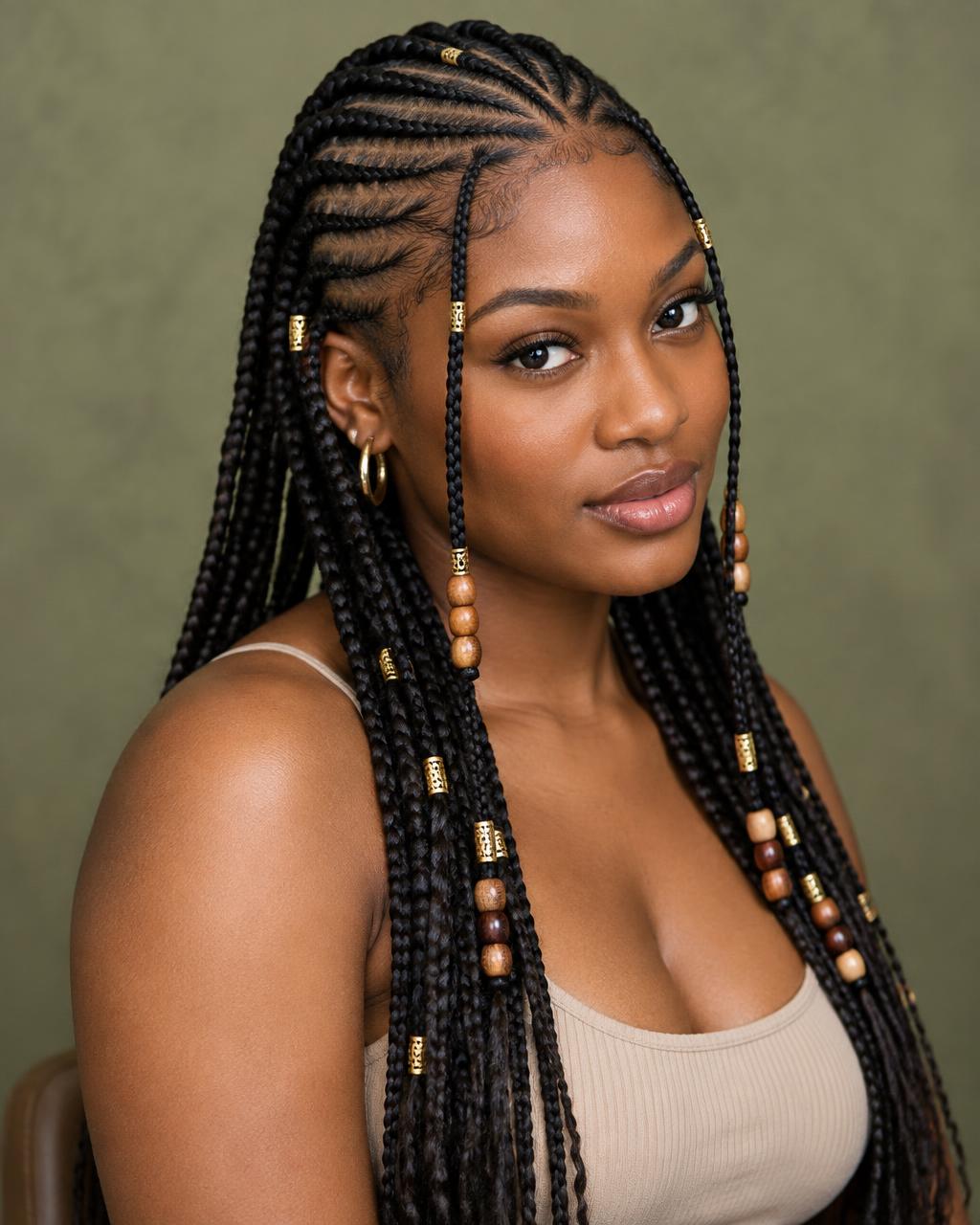 Woman wearing Fulani braids decorated with gold cuffs and wooden beads