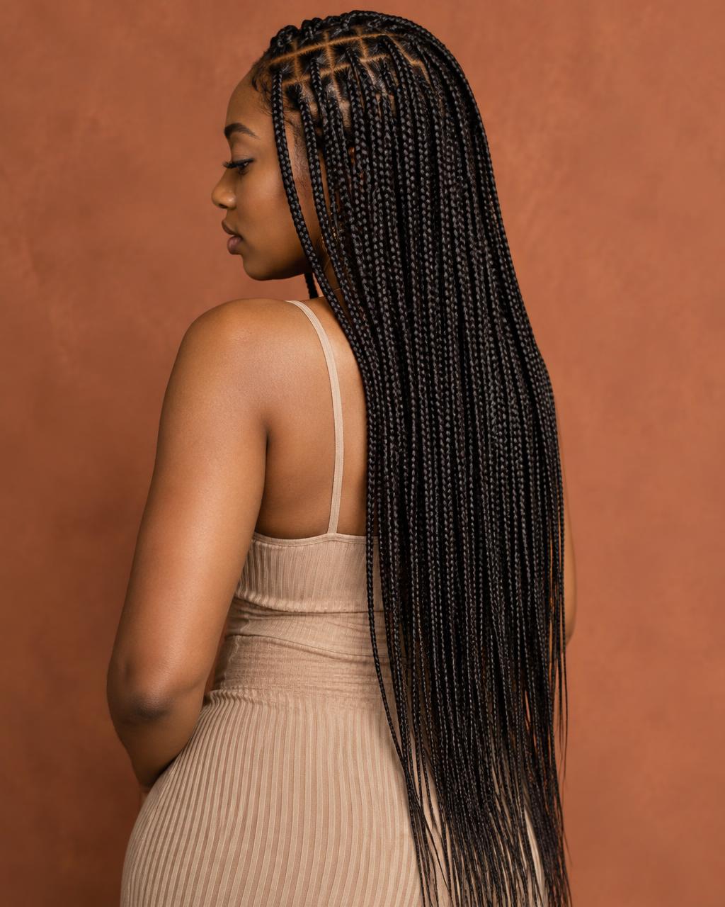 Woman wearing long knotless braids with natural seamless roots